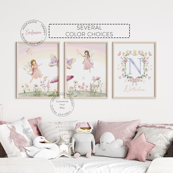 Fairy Garden Girl Wall Art Trio | Toddler Girl Fairy Bedroom | Butterfly Print | Unicorn Fairy Decor | Wildflower Fairy Nursery | Girl Gift