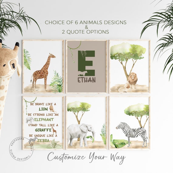 Safari Nursery Decor | Be Brave Like A Lion Print | Boho Nursery Prints | Safari Green Decor | Set of 6 Safari Animal Prints, Personalized