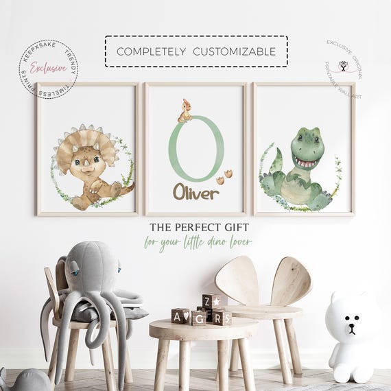 Dinosaur TRex Triceratops Nursery Prints | Toddler Boys Peekaboo Dino Decor | Neutral Nursery Decor| Personalized Nursery Printable Wall Art