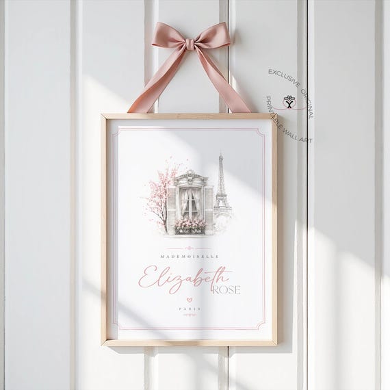 Personalized Pink Paris Name Print | Eiffel Tower Wall Art for Girls and Teens | Feminine Paris Decor