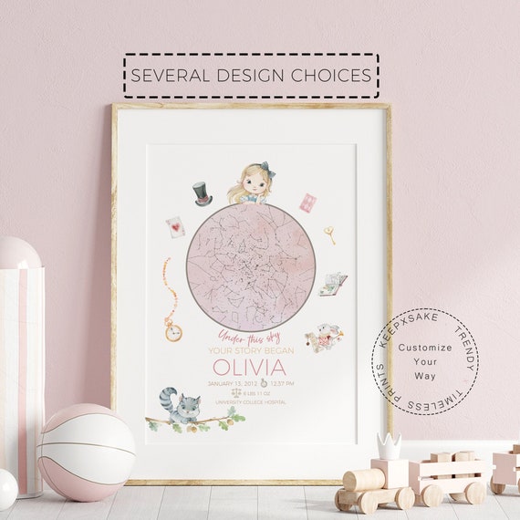 Alice in Wonderland Birth Stats | New Baby Star Map Gift | Night You Were Born Canvas | Star Sky Nursery Print | Wonderland Nursery Decor