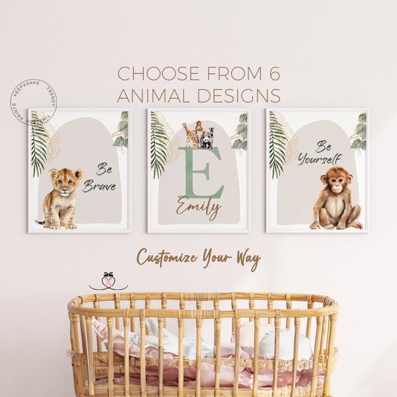 Safari Elephant Giraffe Animal Prints | Baby Girls Boys Animals Wall Art, Set of 3 | Neutral Boho Dream Big Quotes Beige Green Jungle Decor