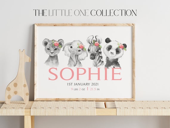 Safari Animals Personalized Baby Girl Nursery Print | Baby Birth Weight Details Poster | New Baby Gift | Pink Flowers Nursery Wall Art