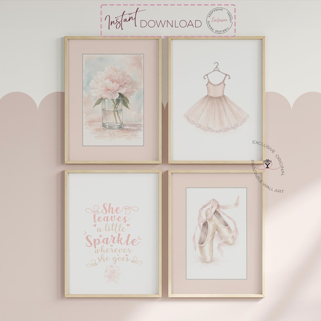 Blush Pink Ballet Wall Art Set for Girls Room | Printable Bedroom Decor ...