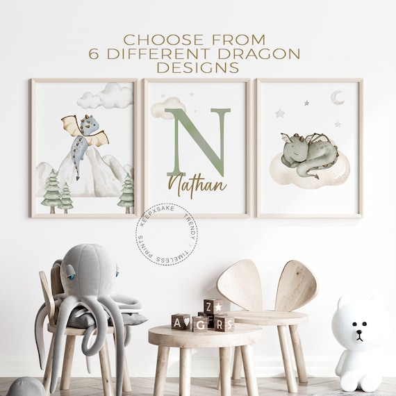 Baby Dragon Nursery Prints, Personalized | Dragon Nursery Decor | Mythical Creatures Decor |Boho Neutral Nursery |Castle and Dragon Nursery