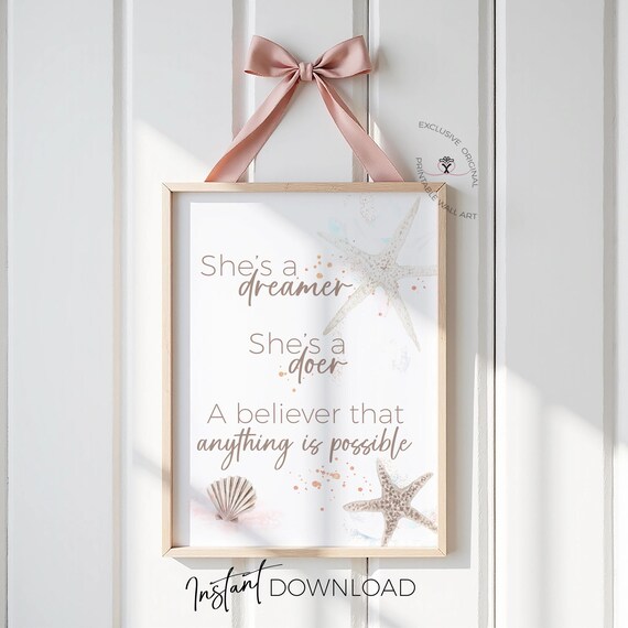 Dreamer Quote Print for Girls Bedroom, Pre Teen Inspirational Poster, Coastal Decor, Soft Pink Beach Print