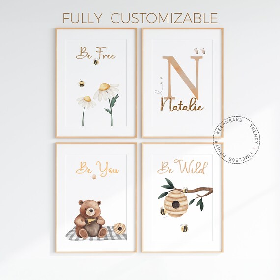 Set of 4 Nursery Prints |Bee Nursery Decor |Honey Bear Nursery |Gender Neutral Nursery Decor |Nursery Bee Print |Nursery Wall Art |Baby Gift