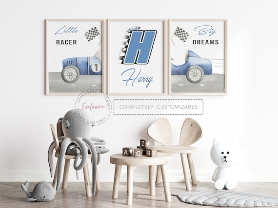 Racing Car Nursery Prints | Boys Bedroom Personalized Decor |Blue Race Car Posters Set of 3 |Watercolour Vintage Blue Race Car Custom Prints