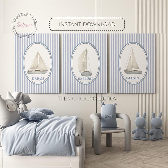 Set of 3 Nautical Nursery Prints | Sailboat Decor | Boy Nursery Wall Art | Blue Nursery | Sailor Boat Inspirational Wall Art | New Baby Gift