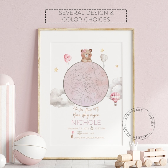 Teddy Bear Star Map Baby Girl Gift | Baby Girl Birth Stats Print| Night You Were Born Canvas | Baby Sky Nursery Print |Balloon Nursery Decor