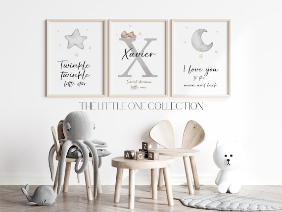 Moon Stars Bear Prints | Nursery Wall Decor | Personalized Initial Name Print | Neutral Nursery Print |Little Star Grey Yellow Nursery Decor