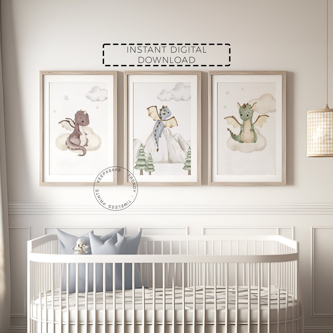 Baby Dragon Nursery Prints Set | Watercolor Fantasy Art (digital ...