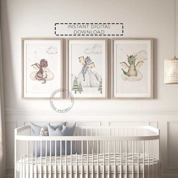 Set of 3 Baby Dragon Nursery Prints |Boy Room Printable Wall Art |Fantasy Nursery Decor |Baby Boy Dragon Nursery Decor |Neutral Dragon Decor