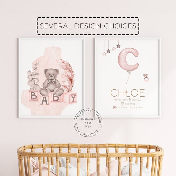 Set of 2 Teddy Bear New Baby Birth Stats Gift | Personalized Bear Balloon Initial Wall Art | Baby Girl Birth Details Print |Blush Pink Decor