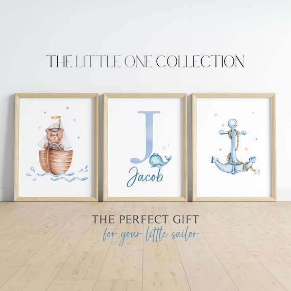 Nautical Wall Art | Personalized Teddy Bear Watercolor Prints - Set of 3 Sail Anchor, Teddy Sailor, Customizable Name | Blue Nursery Decor