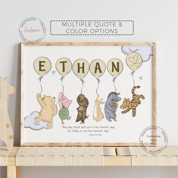Winnie The Pooh Nursery Quote Print |Pooh Balloon Decor |Pooh, Eeyore, Tigger Personalized Name Sign |New Baby Custom Gift |Pooh Baby Shower