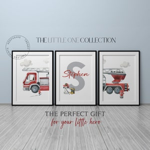 Rescue Vehicle Fire Truck Set of 3 Prints | Boys Vehicle Personalized Prints | Watercolor Fire Truck Nursery Decor | Boys Bedroom Wall Art