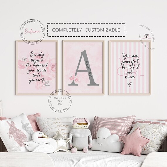 Personalized Fashion Wall Art Set – Beauty Quote Trio for Girls & Teens, Custom Initial Print, Trendy Inspirational Art