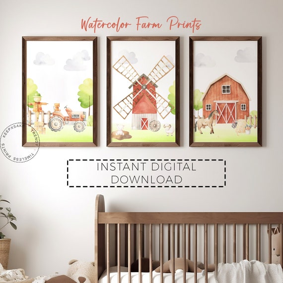 Farm Boy Room Wall Art Set of 3 | Barnyard Animal Prints | Rustic Decor | Farmyard Nursery | Farm Barn Windmill Tractor Printable Wall Art