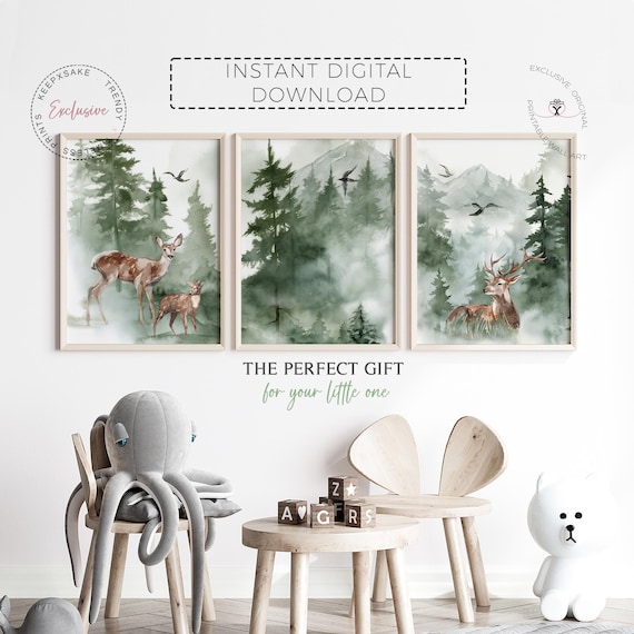 Woodland Nursery Wall Art Set • Forest Deer Family Prints • Neutral Green Mountain Animal Decor • Baby Boy Girl Room Digital Download