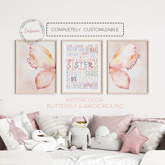 Sisters Bedroom Prints Set of 3 | Butterfly Prints | Siblings Prints |Personalized Print |Shared Room Poster |Sister Quote | Pink Room Decor