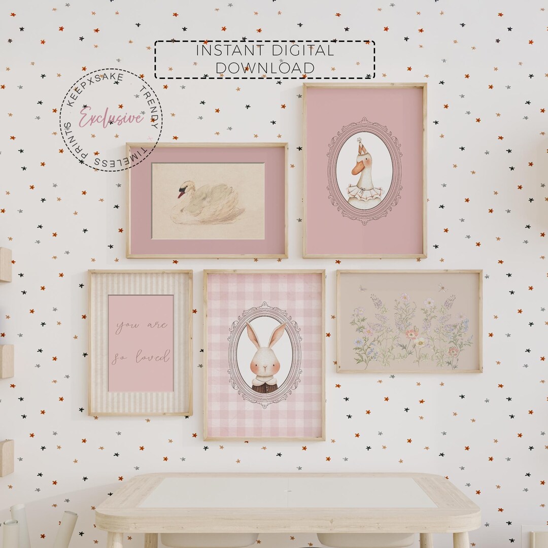 Swan Flowers Nursery Gallery Wall Art Set of 5 | Cottagecore Bunny Girl ...