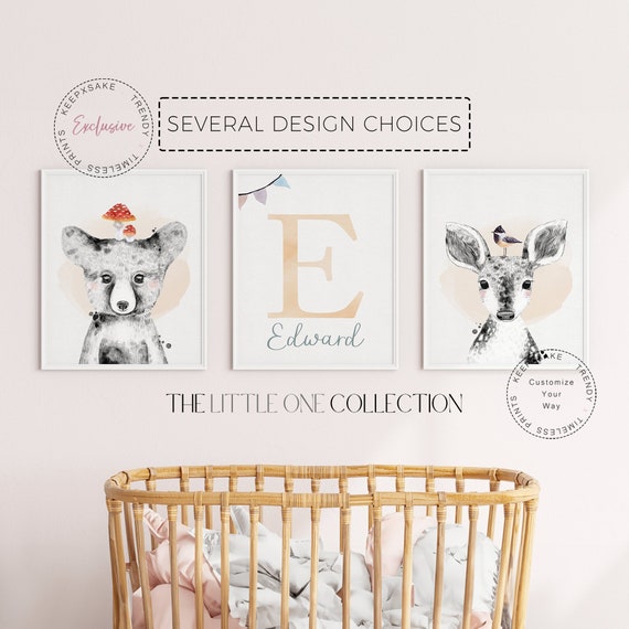 Chic Animals Black and White Wall Art |Woodland Nursery Custom Prints | Personalized Woodland Nursery Art |Minimal Cute Deer Bear Wall Decor