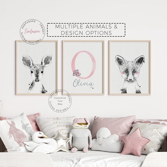 Chic Animals Black and White Nursery Wall Art | Personalized Forest Animals | Minimal Nursery Decor |Cute Animals Girls Room |Baby Girl Gift