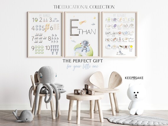 Space Alphabet Numbers Prints | Astronaut Planets Learning Poster |Outer Space ABCs Numbers Education Prints |Toddler Boy Printable Wall Art