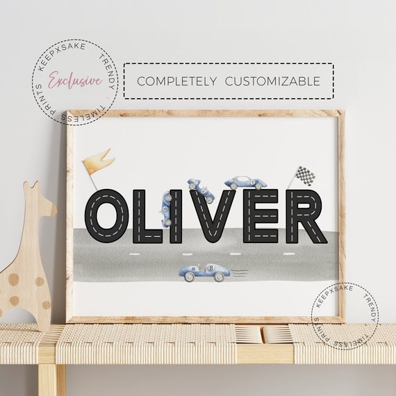 Racing Cars Name Nursery Print | Boys Bedroom Personalized Decor | Blue Race Car Poster| Watercolour Vintage Blue Race Car Custom Print