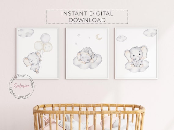 Baby Elephant Prints, Set of 3 | Neutral Nursery Decor | Cute Elephant Poster | New Baby Gift |Elephant Nursery Decor| Printable Wall Art