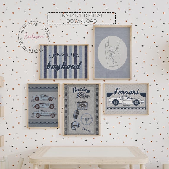 Racing Cars Retro Boys Gallery Wall Art Set of 5 | Boy Blue Grey Room Decor | Long Live Boyhood | Illustrated Vintage Blue Race Car Posters