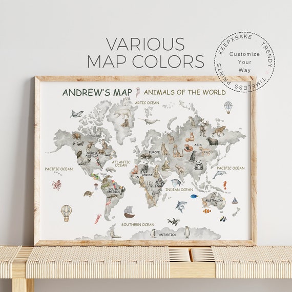 Personalized World Map Print | Animal World Map | Kids Poster | Educational Poster | Kids World Wall Art| Custom Nursery Map |Playroom Print