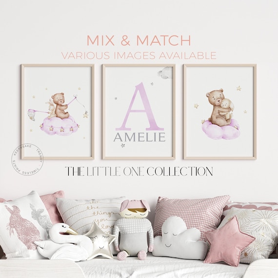 Teddy Bear Print, Set of 3 | Bear Balloons Nursery Decor, Personalized |Baby Girl Print | New Baby Gift | Cloud Moon Stars Nursery Decor
