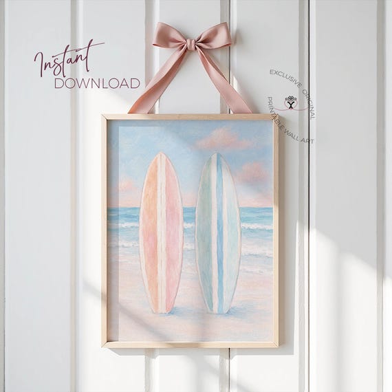 Surfboard Print, Coastal Nursery Wall Art, Teen Beach Room Decor, Pastel Surf Girl Bedroom Art, Ocean Kids Room Printable