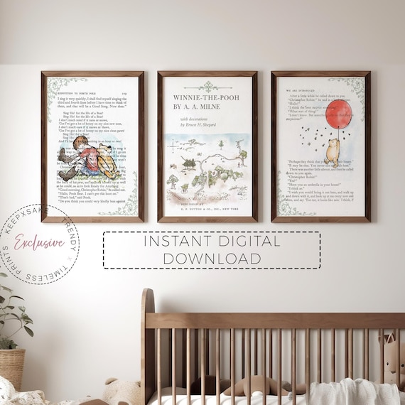 Set of 3 Winnie The Pooh Nursery Quote Print| A.A. Milne Pooh Decor |Vintage Pooh Book Page Wall Art |New Baby Custom Gift |Pooh Baby Shower