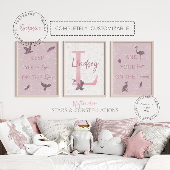Moon Stars Prints | Star Nursery Pink Decor | Baby Girl Print | Star Animals Wall Art | Initial Name Print | Newborn Gift | Toddler Bedroom