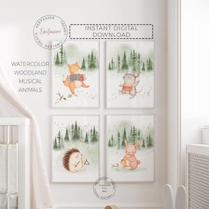 Woodland Musical Animal Nursery Prints |Gender Neutral Forest Nursery Decor |Animals Playing Instruments Printable Wall Art |Woodland Forest