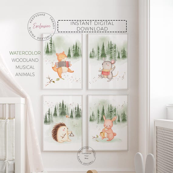 Woodland Musical Animal Nursery Prints |Gender Neutral Forest Nursery Decor |Animals Playing Instruments Printable Wall Art |Woodland Forest