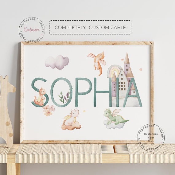 Girl Dragon Nursery Print, Personalized |Pink Baby Name Dragon Printable Wall Art | Mythical Creatures Decor |Fairytale Name Sign |Baby Gift