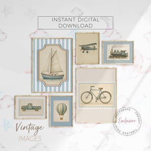 Vehicle Art Prints Set of 6 | Vintage Hot Air Balloon Truck Plane Bicycle Train Prints |Boy Nursery Wall Art |Printable Transportation Decor