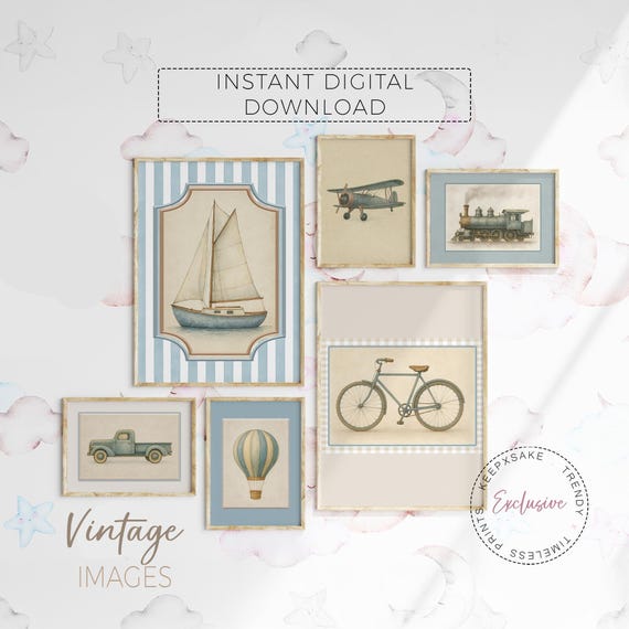 Vehicle Art Prints Set of 6 | Vintage Hot Air Balloon Truck Plane Bicycle Train Prints |Boy Nursery Wall Art |Printable Transportation Decor