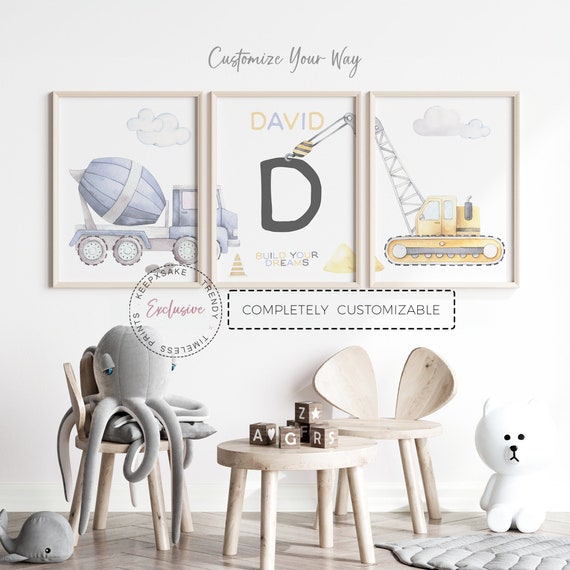 Construction Vehicle Prints | Personalized Boy Nursery Wall Decor | Watercolor Construction Prints | Nursery Set of 3 Wall Art | Truck Print