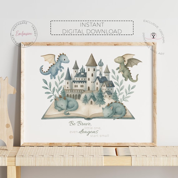 Dragon Nursery Wall Art • Be Brave Little One Quote Print • Castle Fantasy Kids Room Decor • Gender Neutral Baby Digital Download