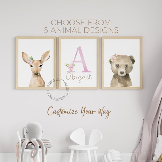 Forest Animals Prints | Deer, Bunny, Fox Nursery Wall Art | Safari Woodland Nursery Decor | Baby Girl Nursery Print | Pink Flowers Nursery