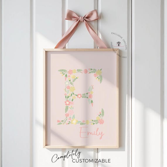 Pink Floral Monogram Nursery Wall Art, Personalized Initial Name Girl Bedroom Decor, Floral Letter Baby Room Printable