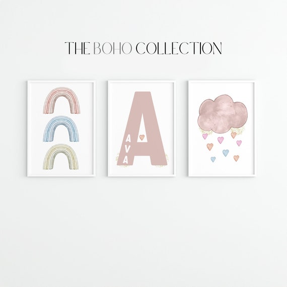 Rainbow Heart Girls Bedroom Personalized Prints | Set of 3 Watercolor Rainbow Pastel Prints | Rainbow Nursery Decor | Watercolor Boho Prints