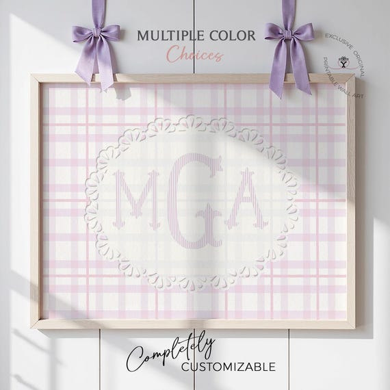 Personalized Baby Girl Monogram Print, Pink Plaid Nursery Decor, Preppy Cottagecore Girls Room Letters - Initials