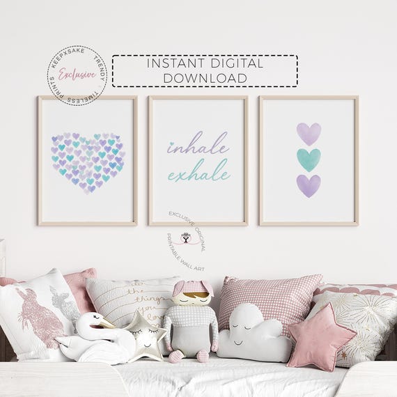 Purple Turquoise Watercolor Hearts Prints | Printable Girl Wall Decor |Inhale Exhale Sign | Baby Girl Room Art |Lavender Blue Green Wall Art