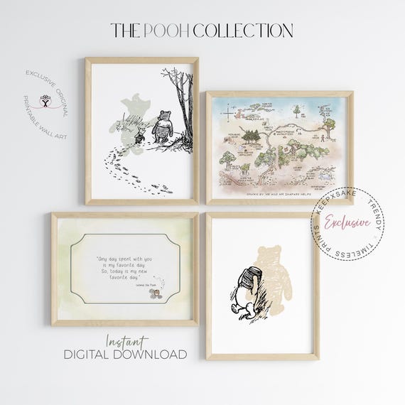 Pooh Wall Art Set, Winnie the Pooh Prints — Classic Nursery Digital Download Decor with Quotes and Map